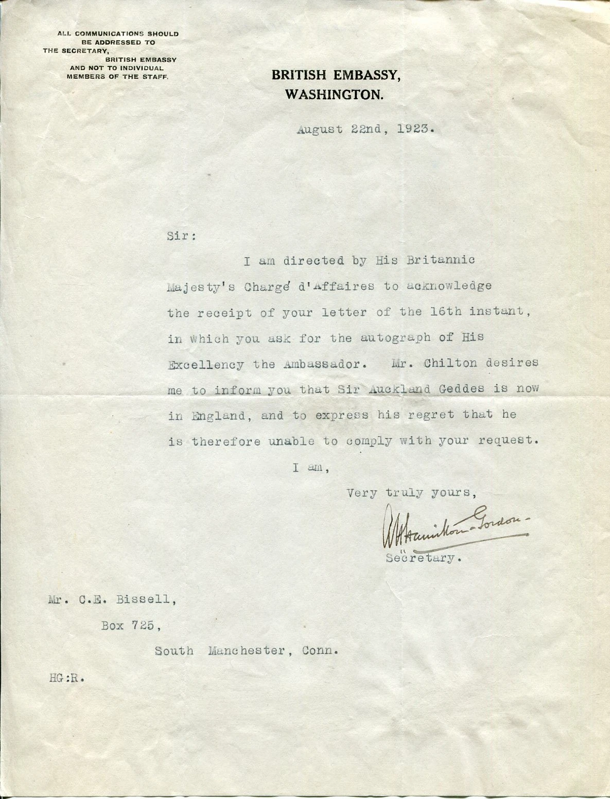 Alexander Hamilton-Gordon WWI British General Battle Messines Signed Autograph
