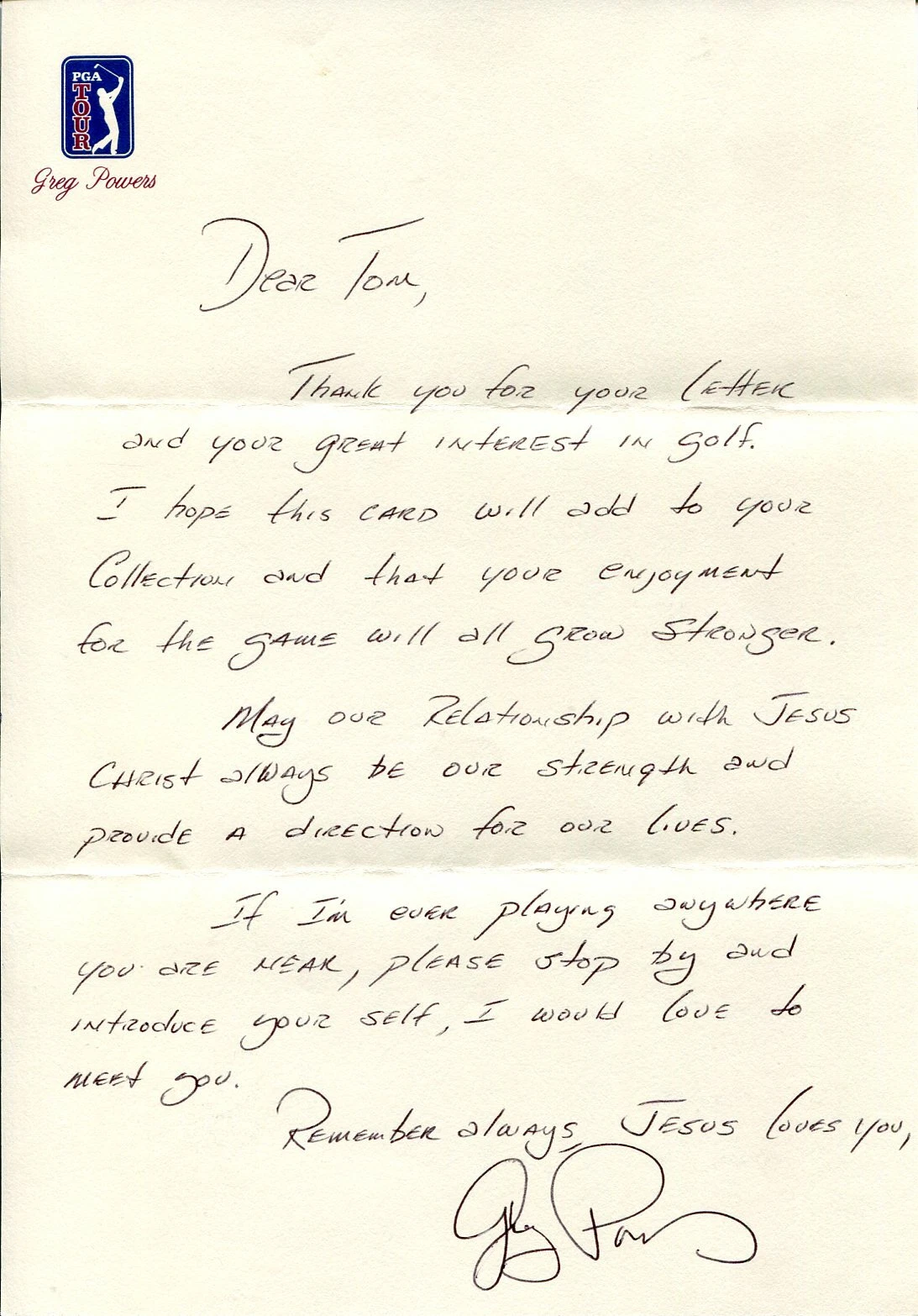 Greg Powers PGA Golfer University of Memphis Tigers Golf Signed Autograph Letter
