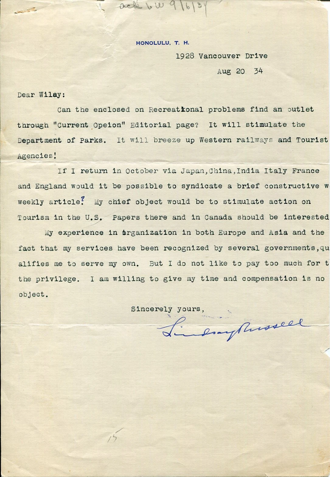 Lindsay Russell Japan Society Founder Territory of Hawaiʻi Signed Autograph TSL
