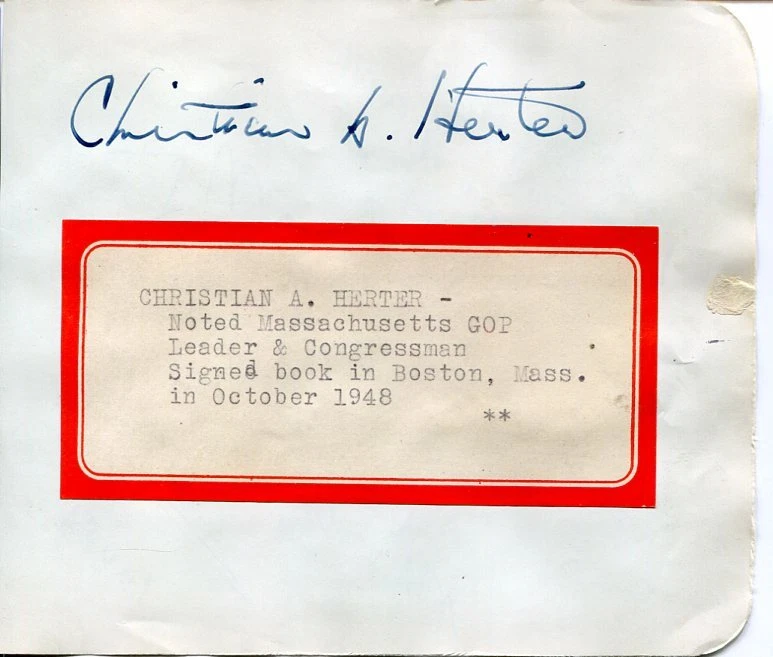 Christian Herter Secretary of State Governor of Massachusetts Signed Autograph
