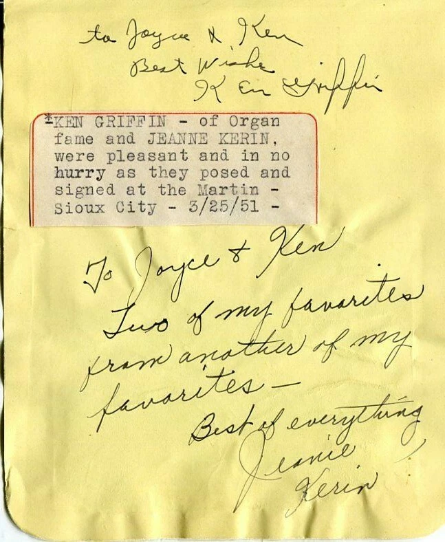 Ken Griffin Big Band Orchestra Organist You Can't Be True Dear Signed Autograph
