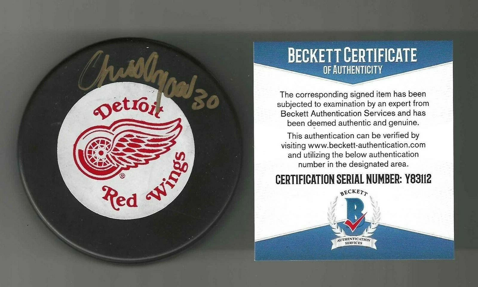 Chris Osgood Signed Detroit Red Wings Early Roookie Auto Trench Puck Beckett COA
