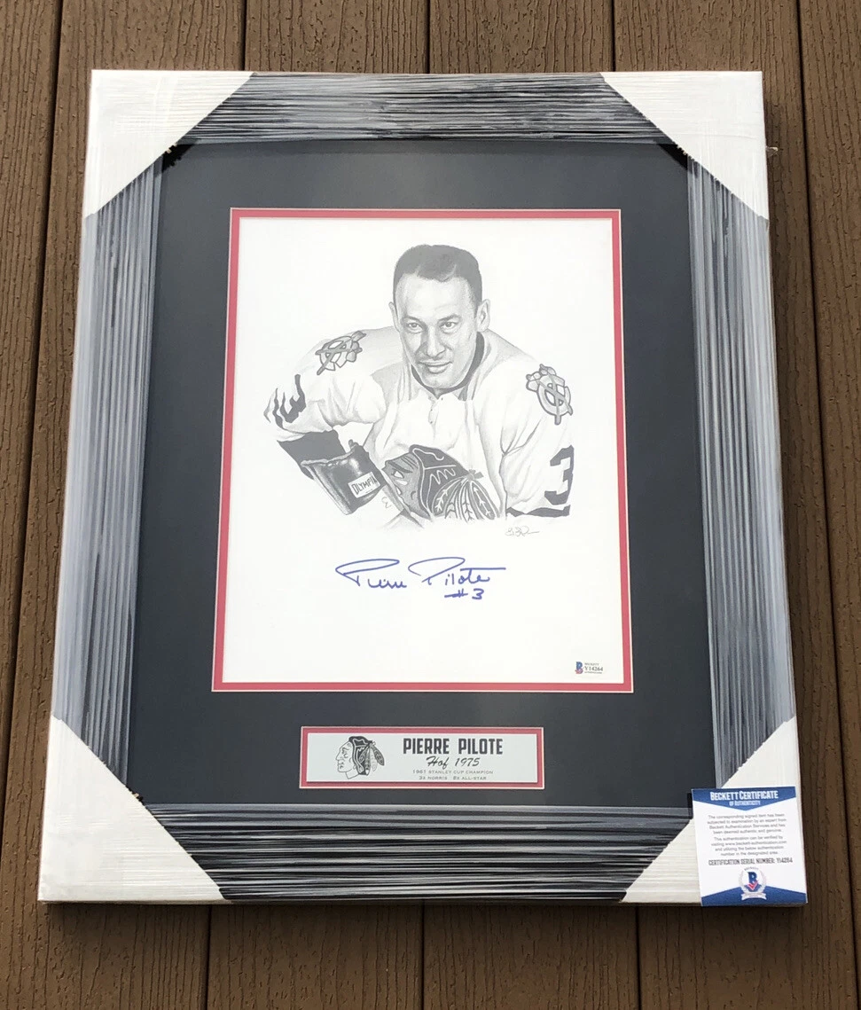 Pierre Pilote Signed Chicago Blackhawks Framed Matted Pencil Sketch Beckett COA
