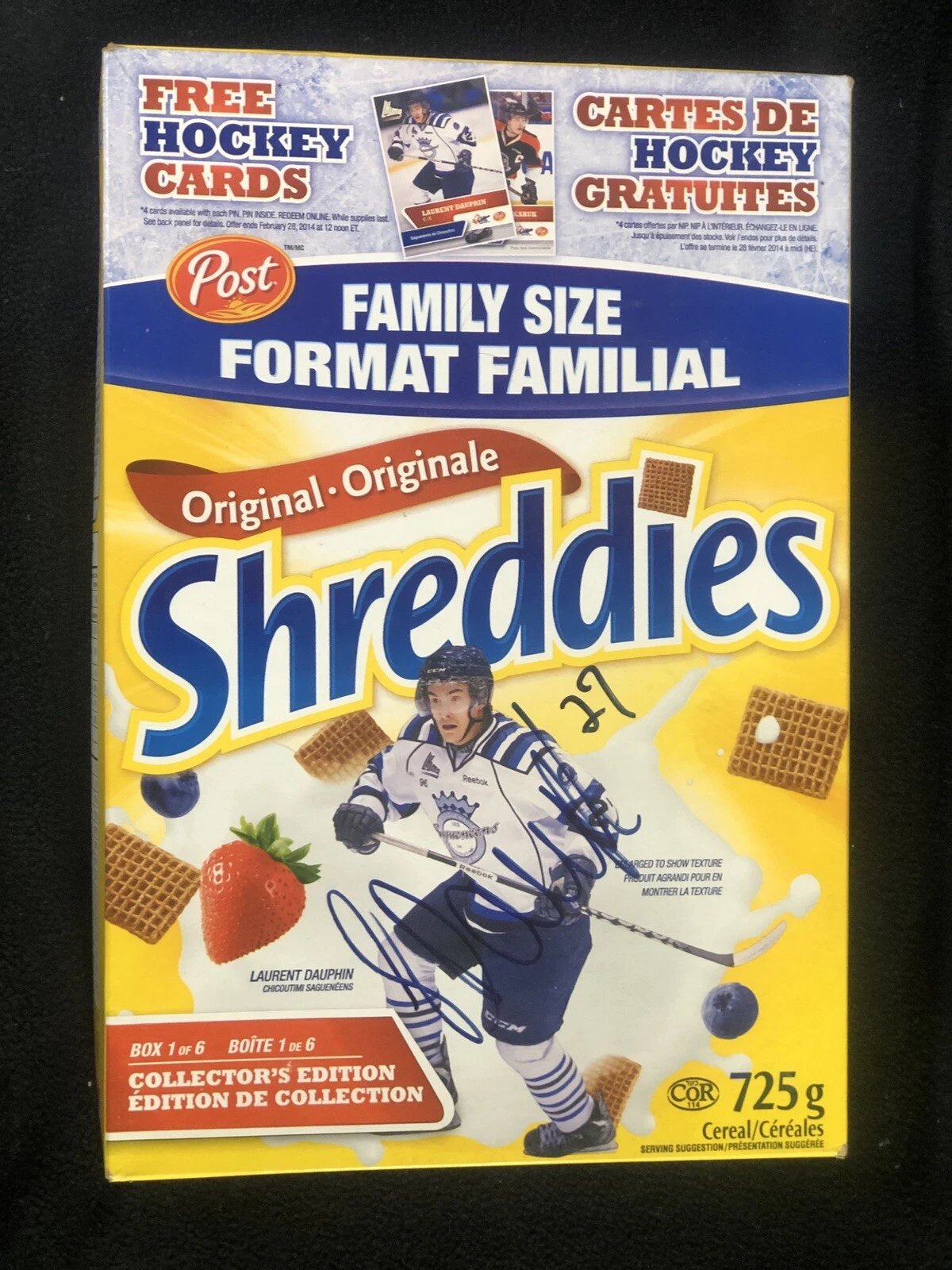 Laurent Dauphin Signed Chicoutimi Sagueneens Shreddies Cereal Box Canadiens
