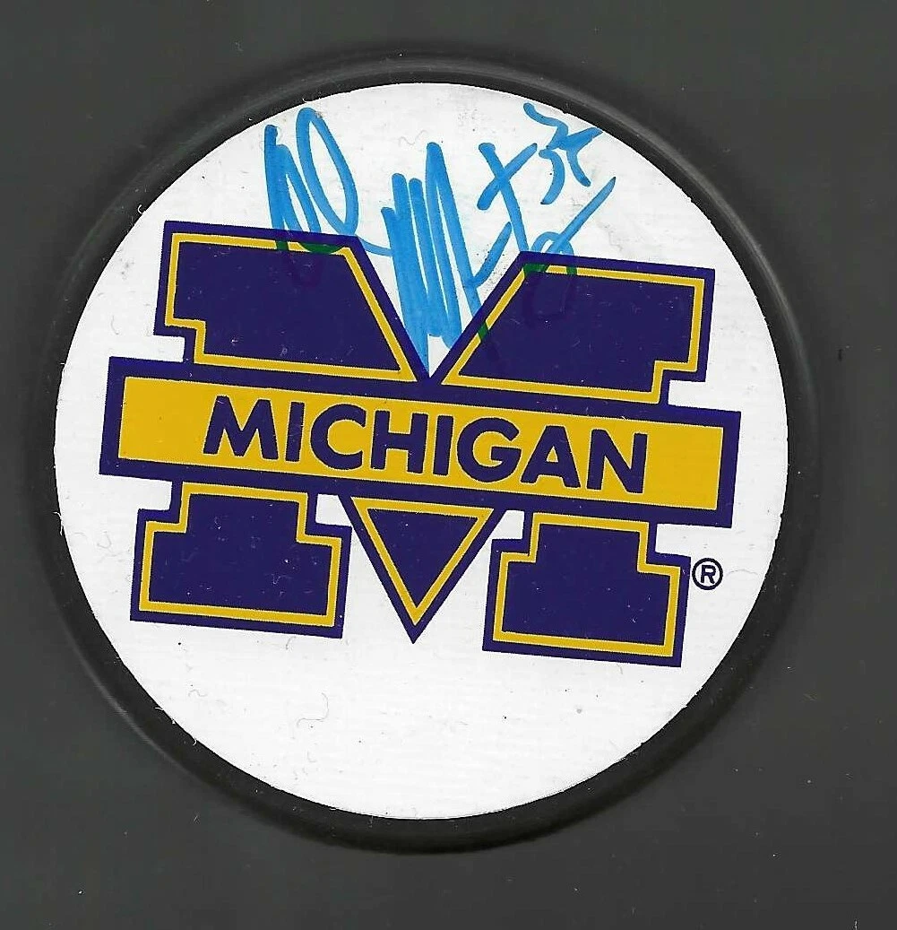AL MONTOYA SIGNED MICHIGAN WOLVERINES BLOCK M LOGO PUCK CANADIENS JETS OILERS COLLECTIBLE MEMORABILIA