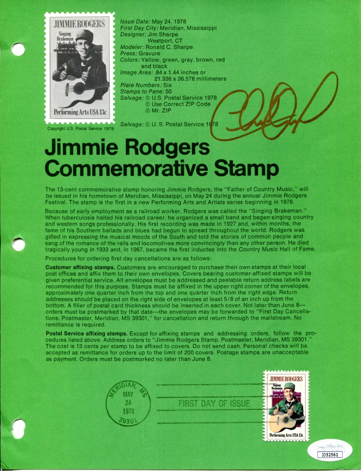 Charlie Daniels The Devil Went Down to Georgia Signed Autograph FDC Sheet JSA
