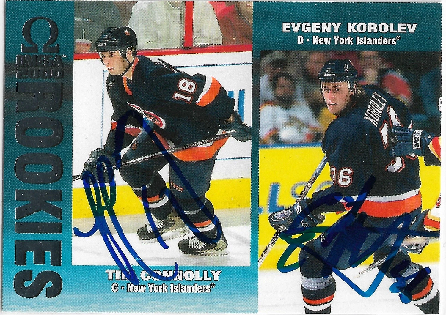 Evgeny Korolev Tim Connolly Signed 1999-00 Pacific Omega Rookie Card #146 NYI
