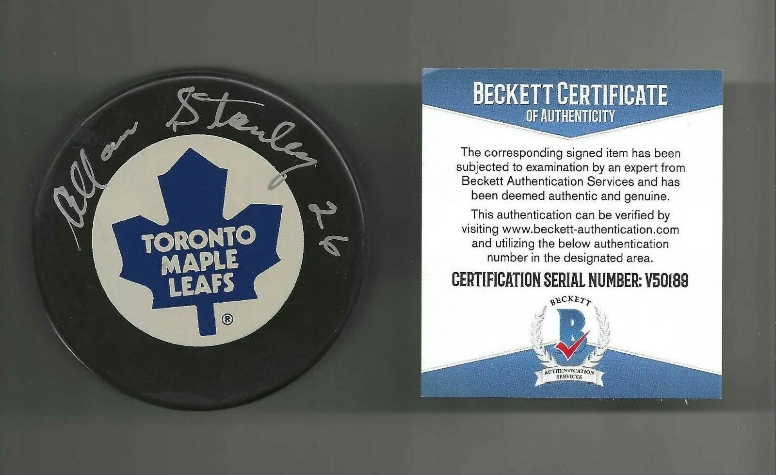 Allan Stanley Signed Toronto Maple Leafs In Glas Co Puck Beckett COA
