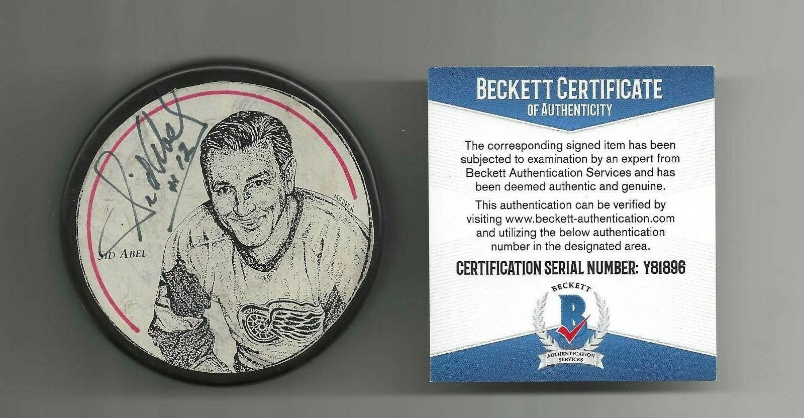 Sid Abel Signed Detroit Red Wings Litho Puck Beckett COA
