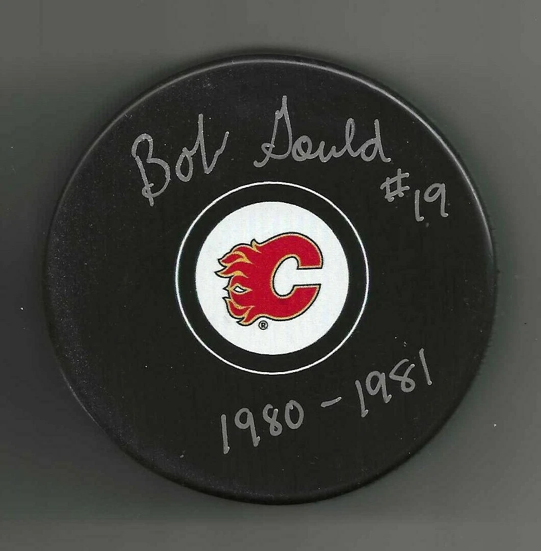 Bob Gould Signed & Inscribed Calgary Flames Puck
