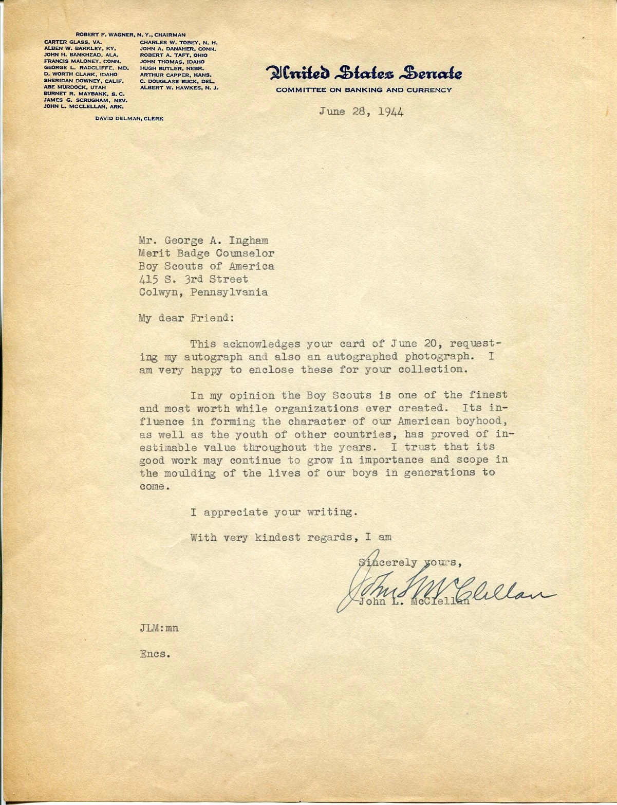 John McClellan Arkansas US Representative Senator Congress Signed Autograph TSL
