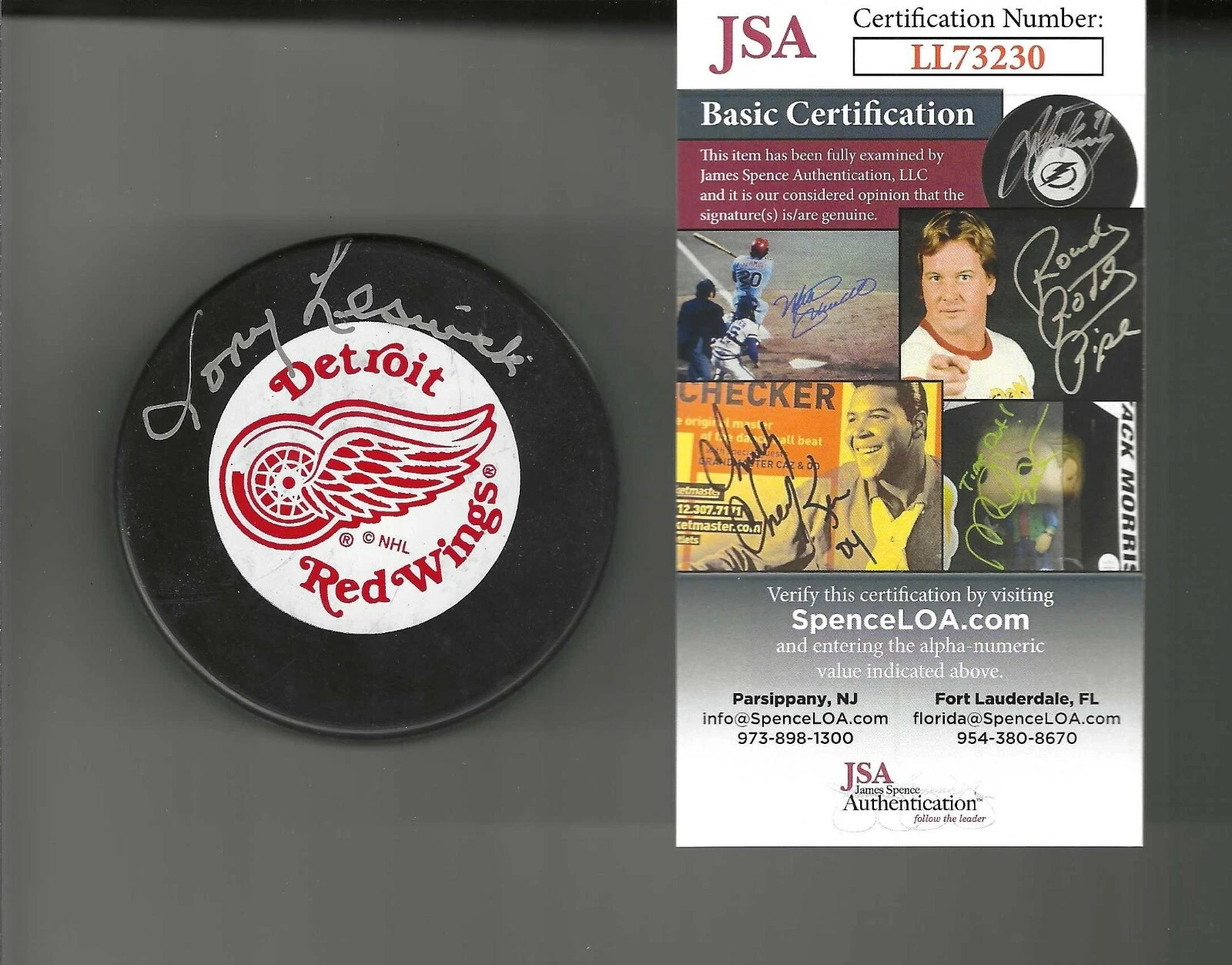 Tony Leswick Signed Detroit Red Wings Trench Puck JSA COA
