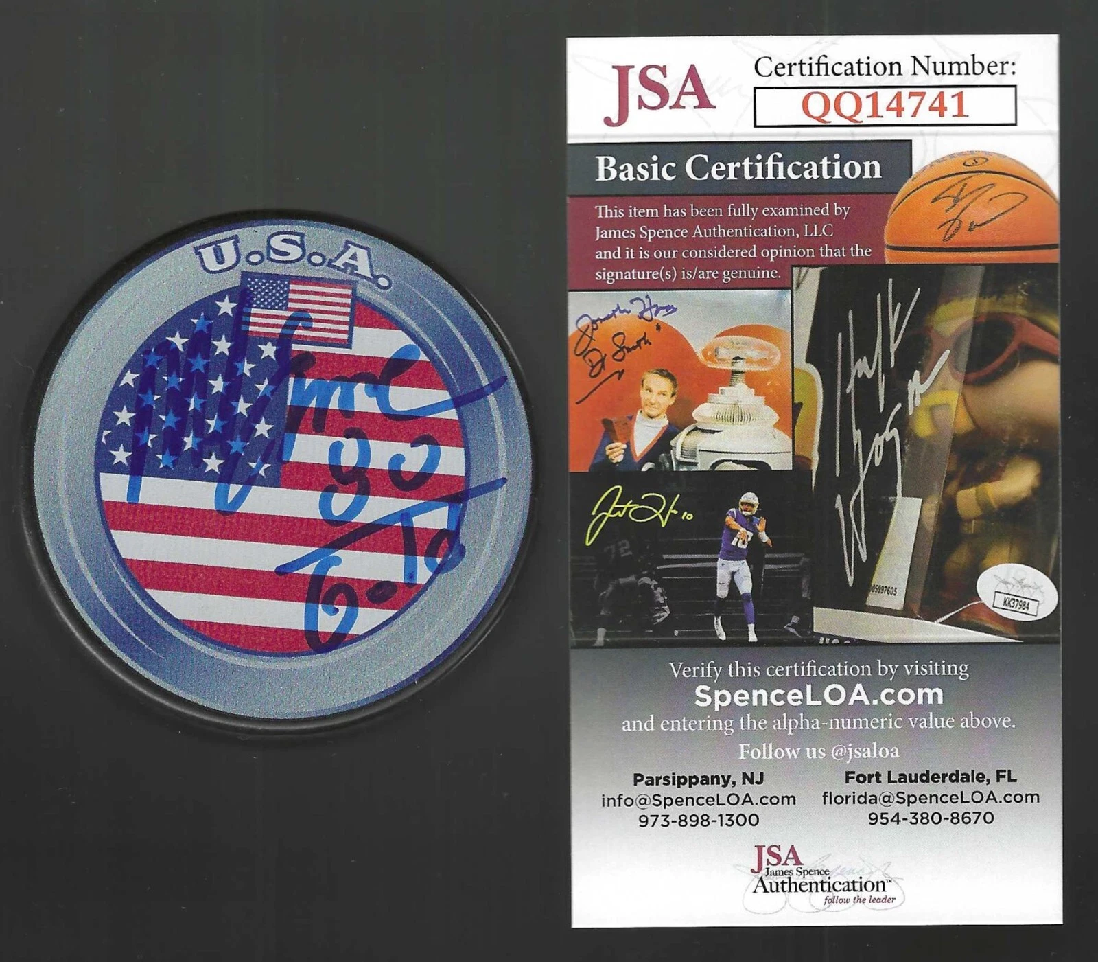 Mike Eruzione Signed Inscribed 80 Gold USA American Flag Puck JSA COA Miracle
