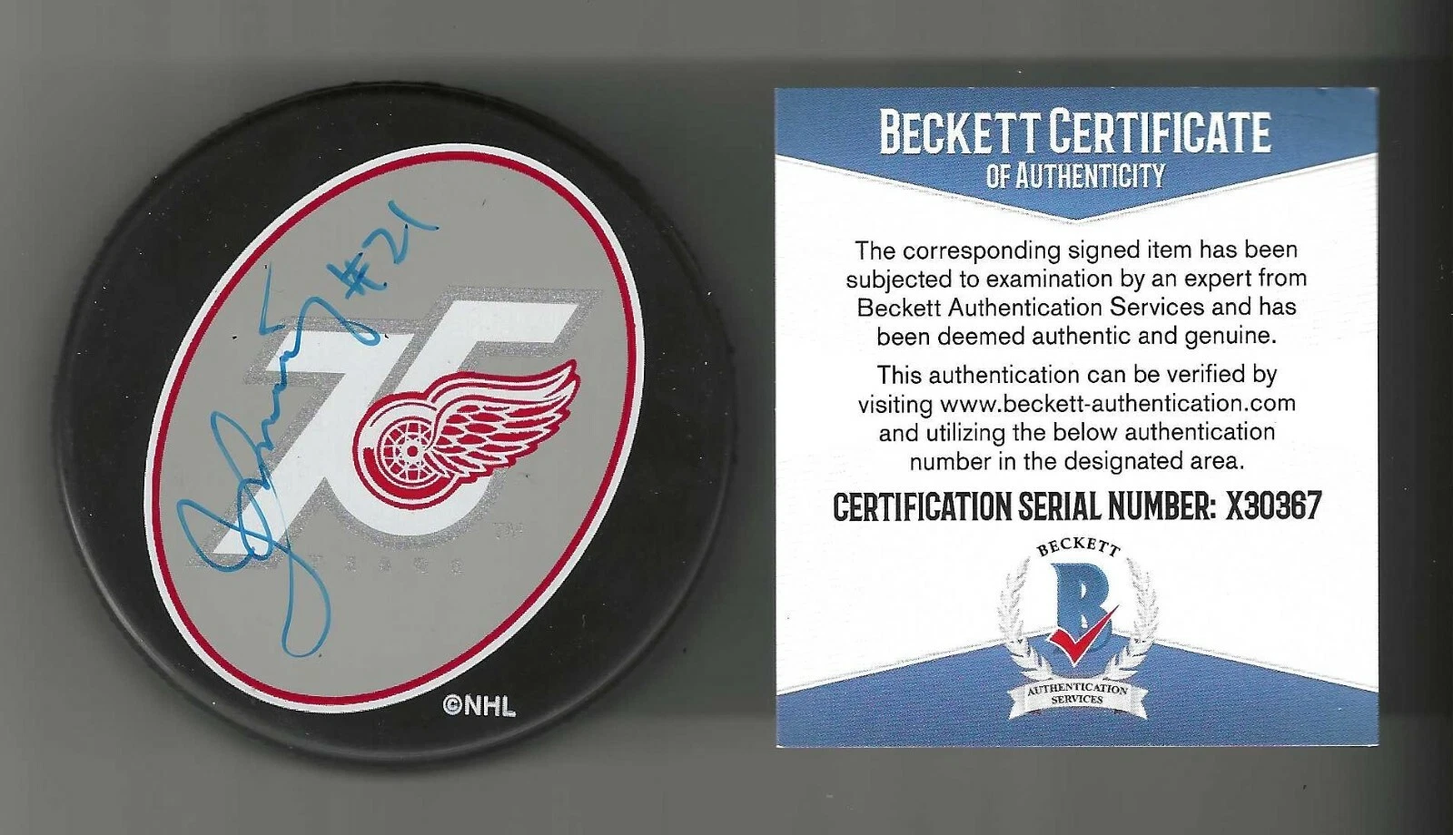 Borje Salming Signed Detroit Red Wings 75th Anniversary Puck Beckett COA
