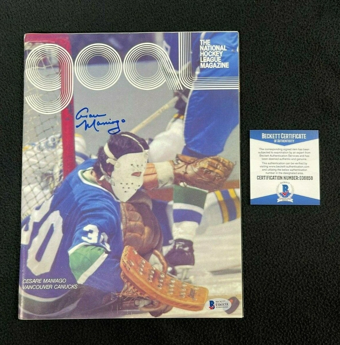 Cesare Maniago Signed Vancouver Canucks GOAL Magazine Beckett COA
