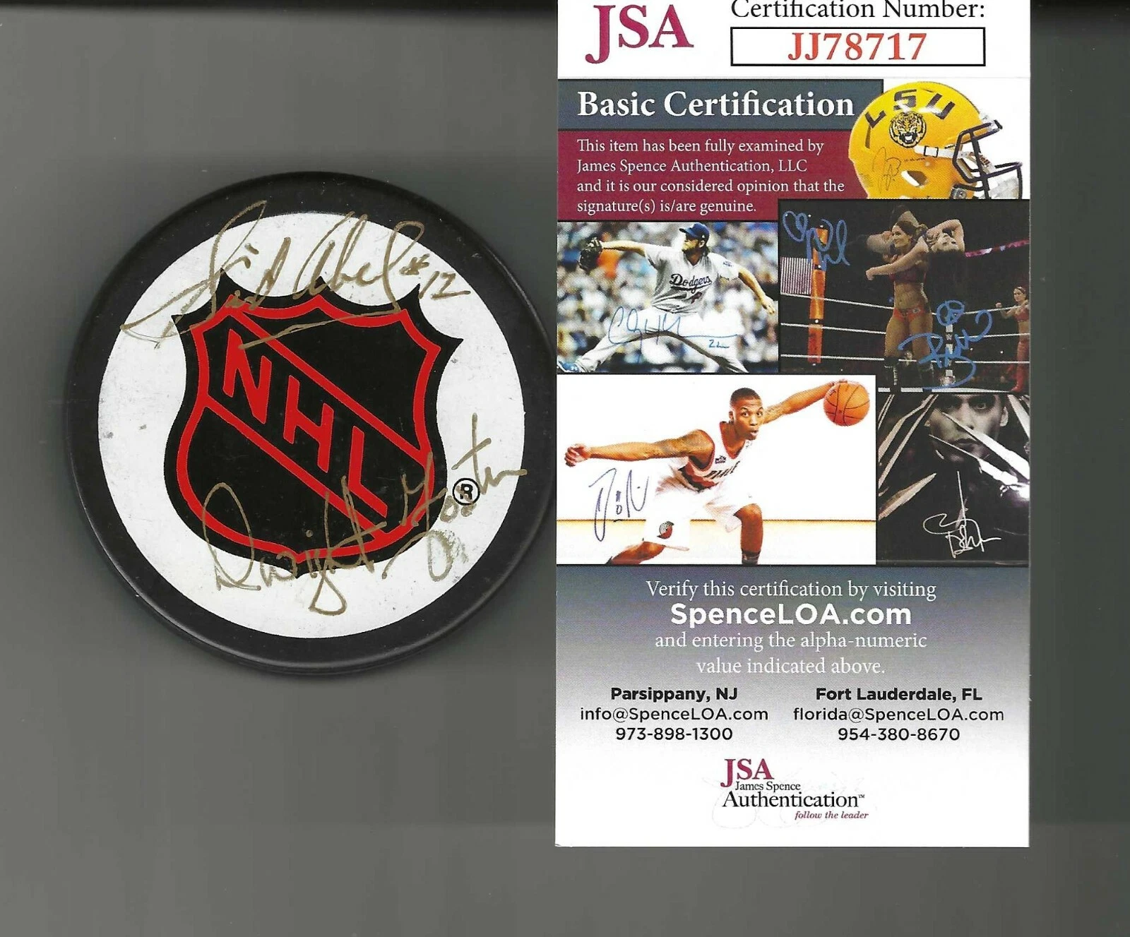 Sid Abel & Dwight Foster Signed NHL Shield Official Puck JSA COA Red Wings
