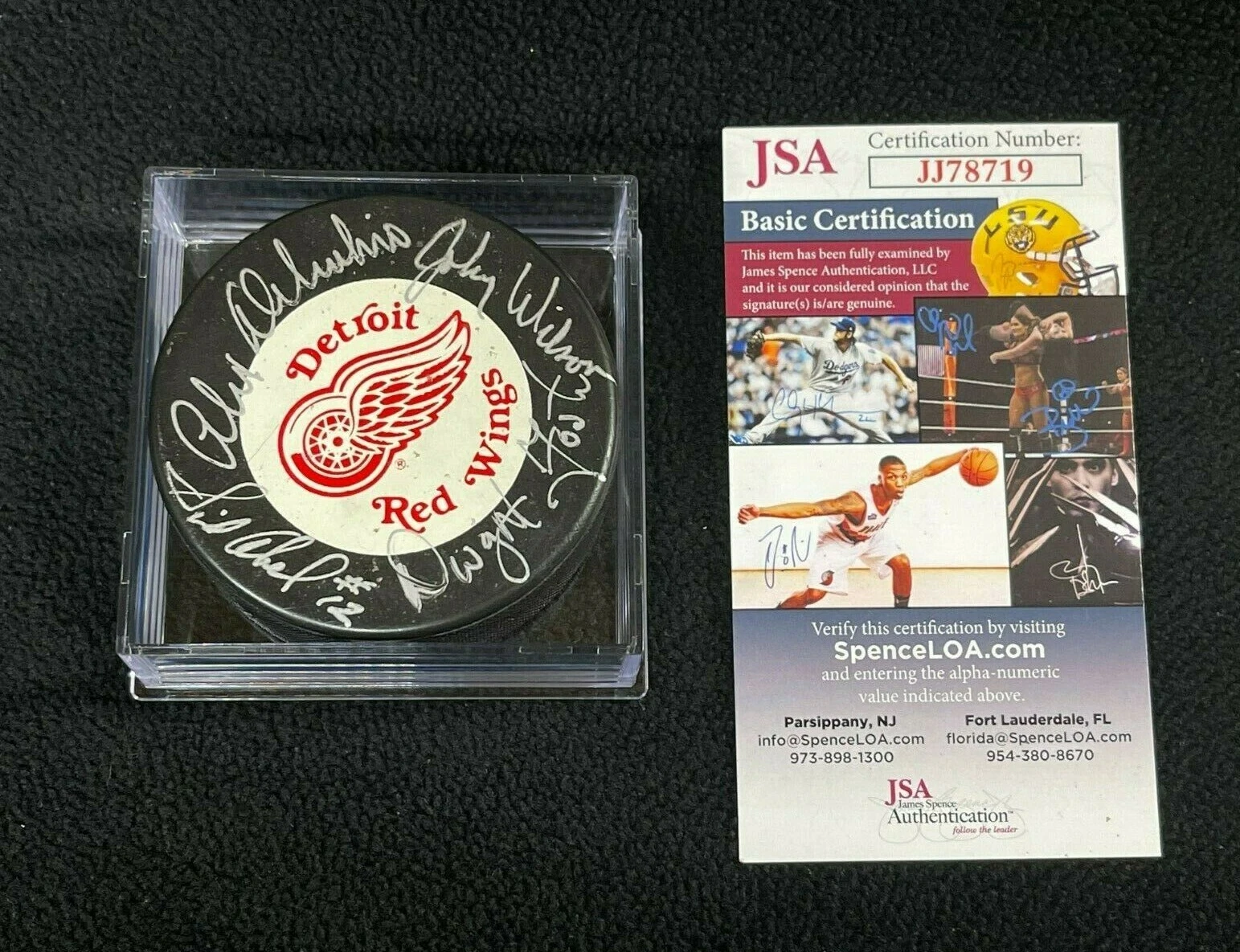 Abel Delvecchio Wilson Foster Signed Detroit Red Wings Game Puck JSA COA

