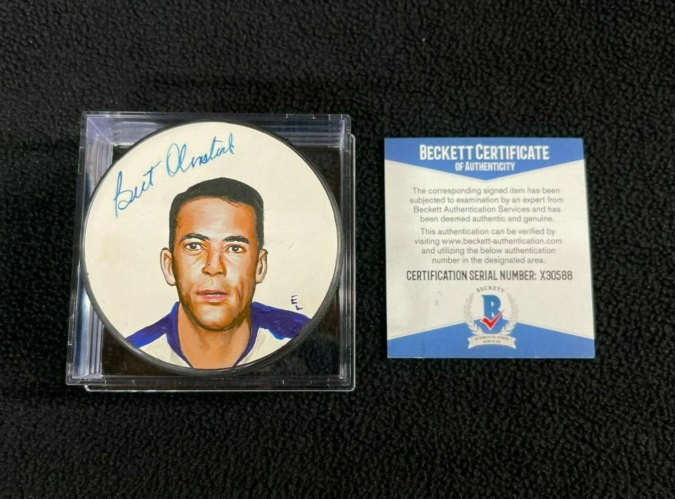 Bert Olmstead Signed Toronto Maple Leafs Custom Hand Painted Puck Beckett COA
