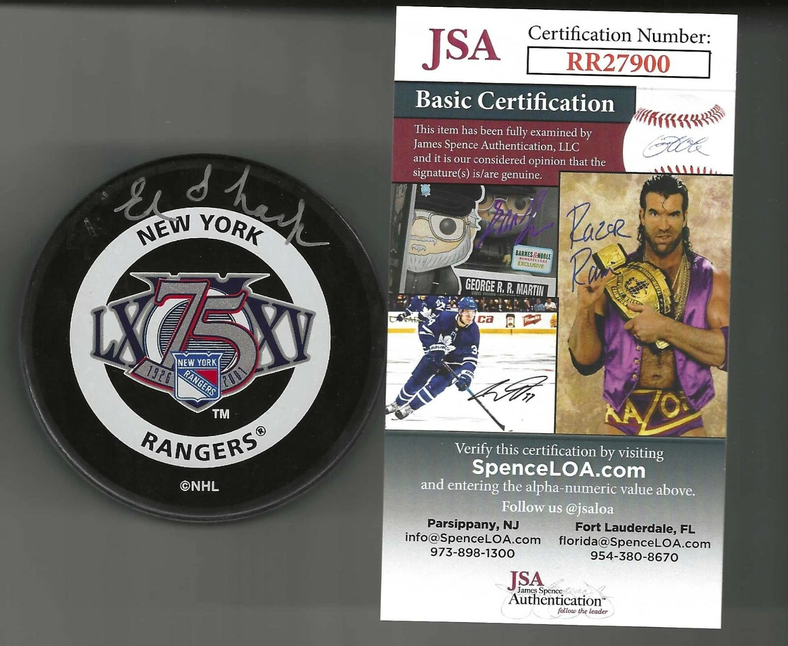 Eddie Shack Signed New York Rangers 75th Anniversary Official Game Puck JSA COA
