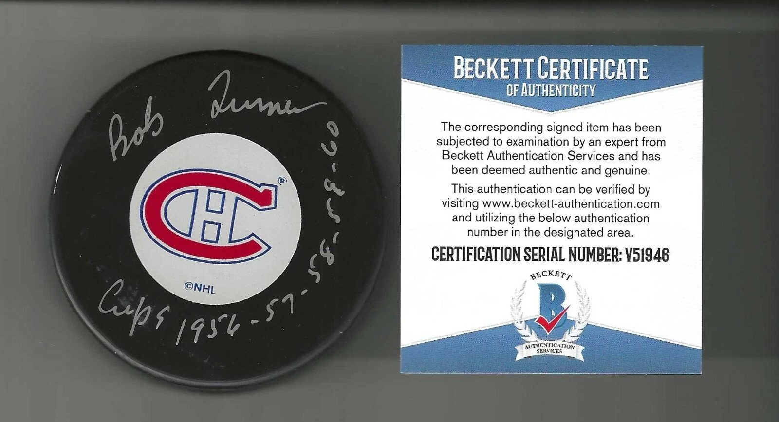 Bob Turner Signed Signed & Inscribed Montreal Canadiens Puck Beckett COA

