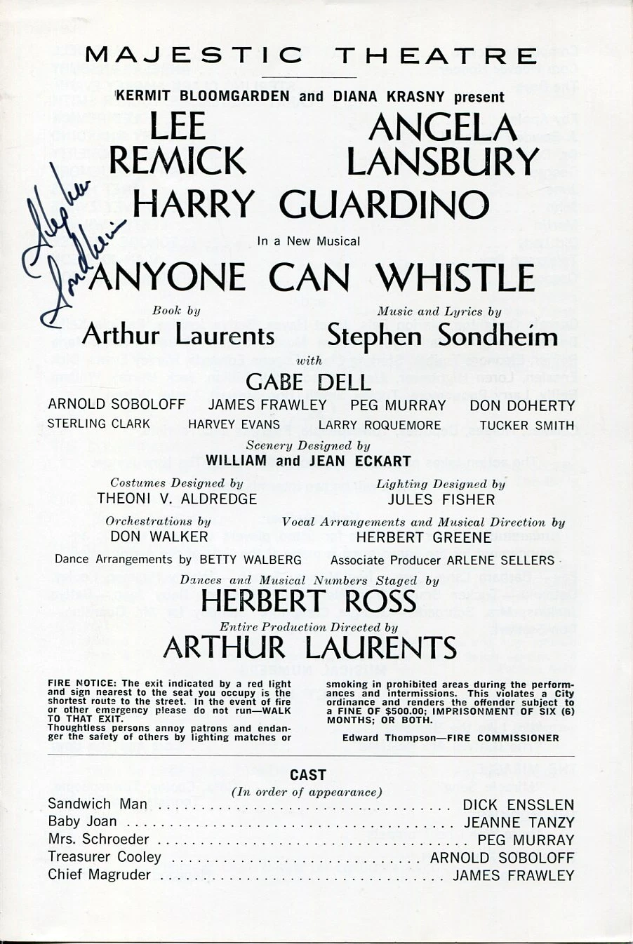Stephen Sondheim Anyone Can Whistle Signed Autograph Opening Night Playbill JSA
