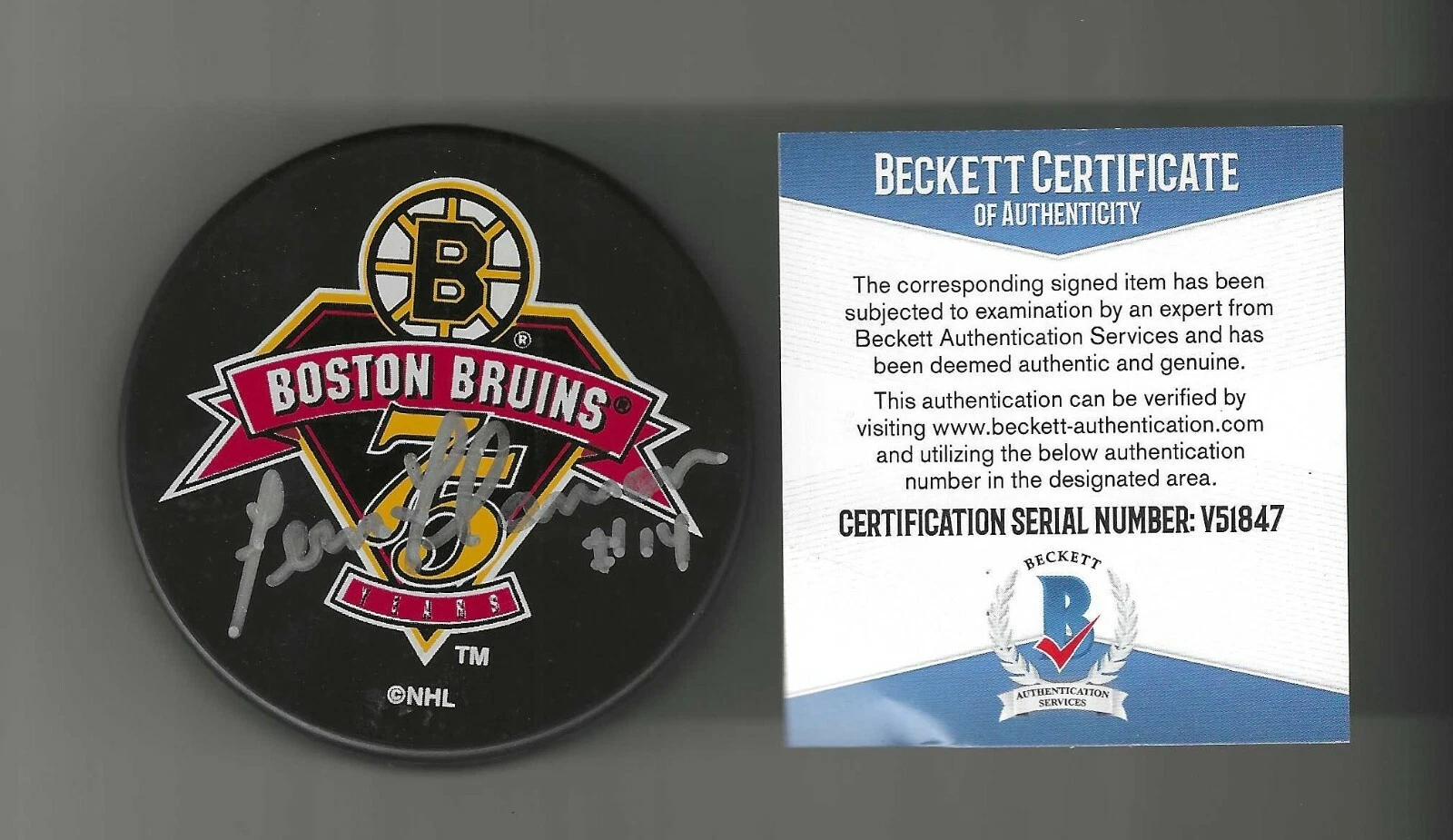 Fern Flaman Signed Boston Bruins 75th Anniversary Puck Beckett COA
