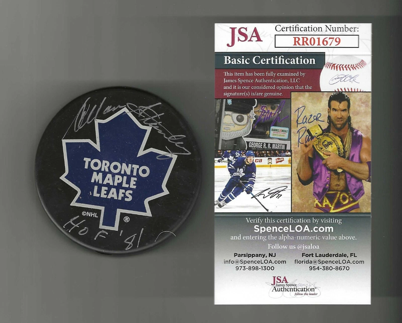 Allan Stanley Signed & Inscribed Toronto Maple Leafs In Glas Co Puck JSA COA
