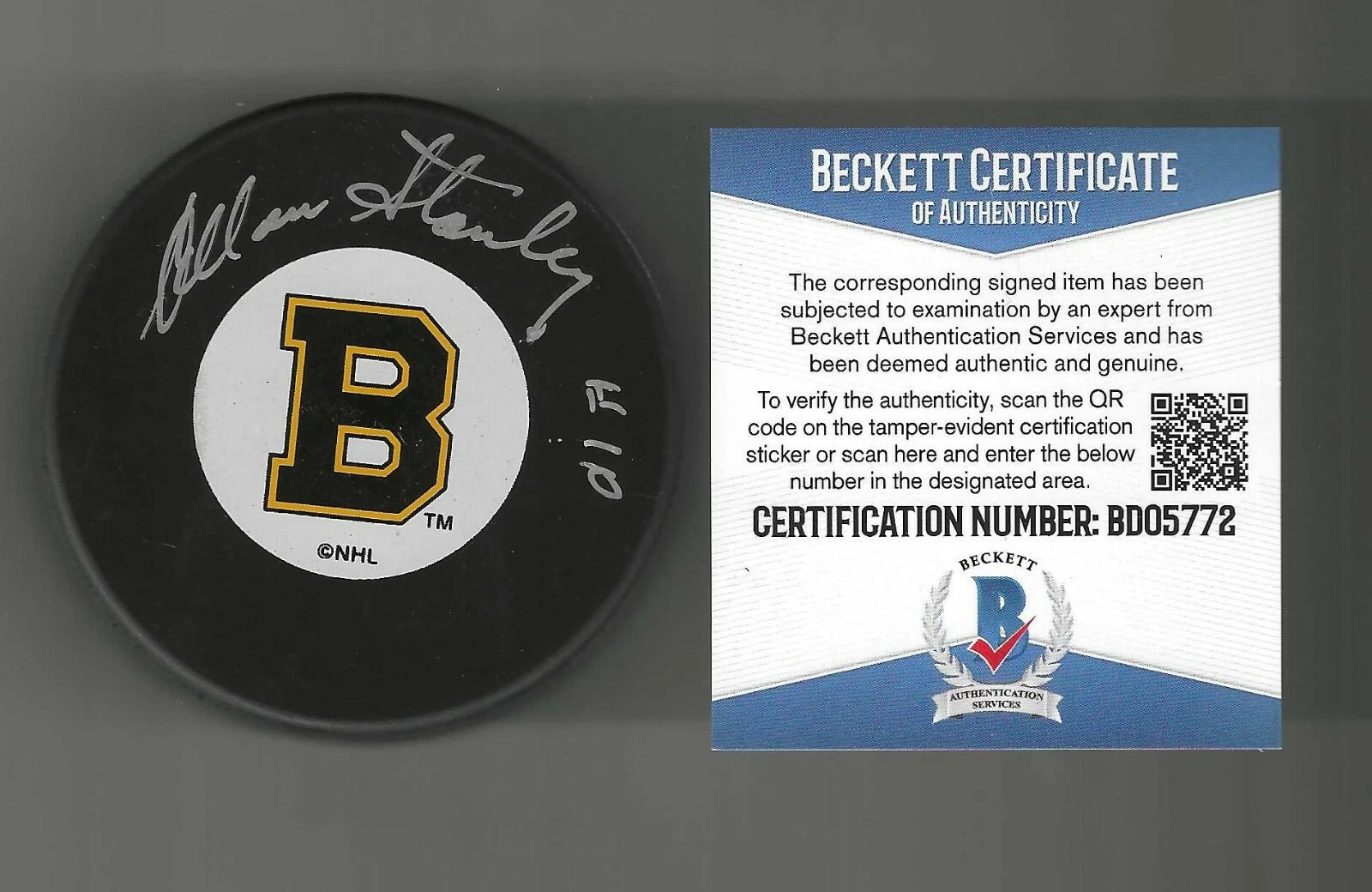 Allan Stanley Signed Boston Bruins Puck Beckett COA
