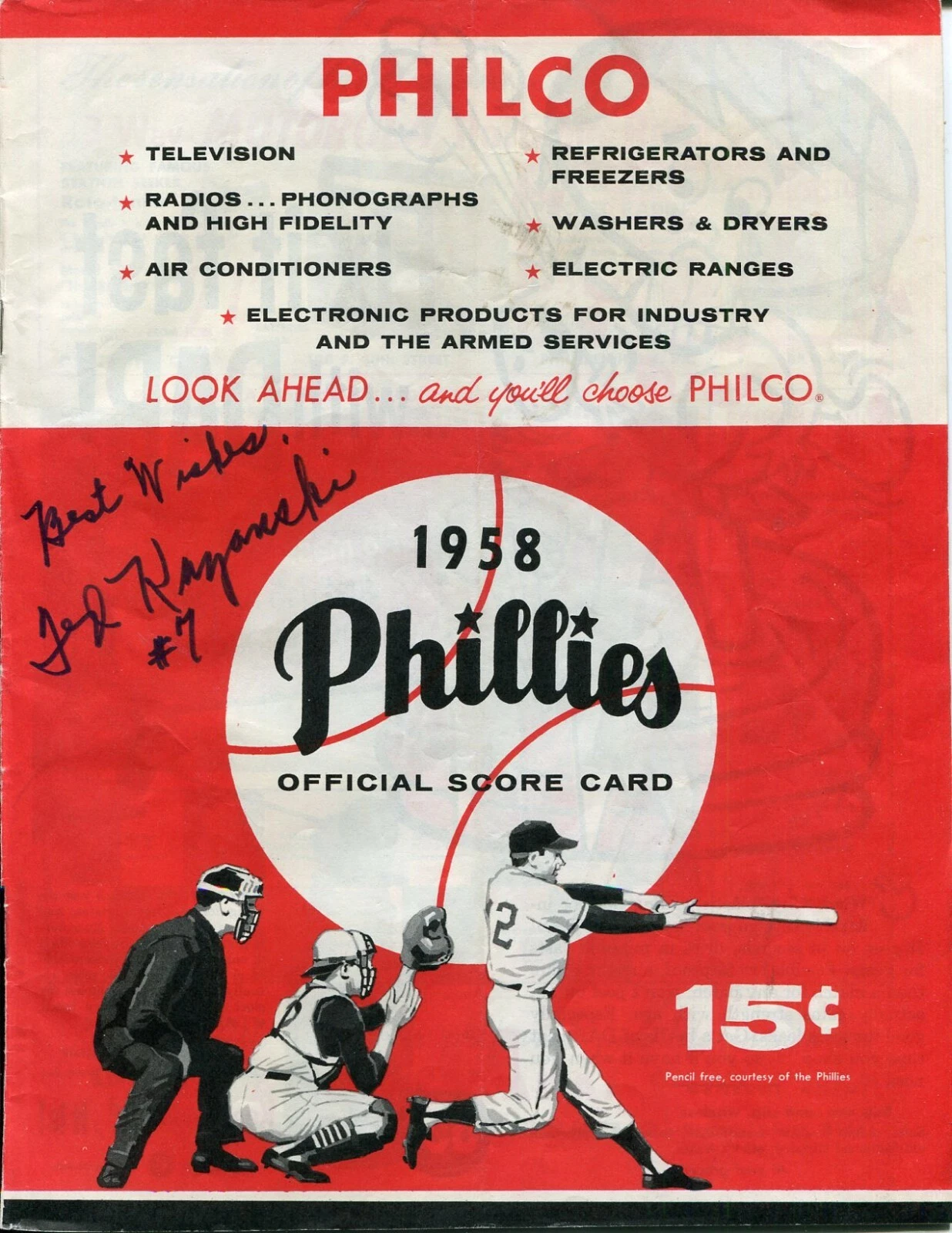 Ted Kazanski Philadelphia Phillies Signed Autograph Original 1958 Score Card
