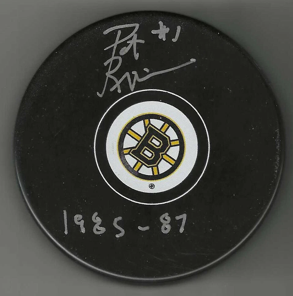 Pat Riggin Signed & Inscribed Boston Bruins Puck

