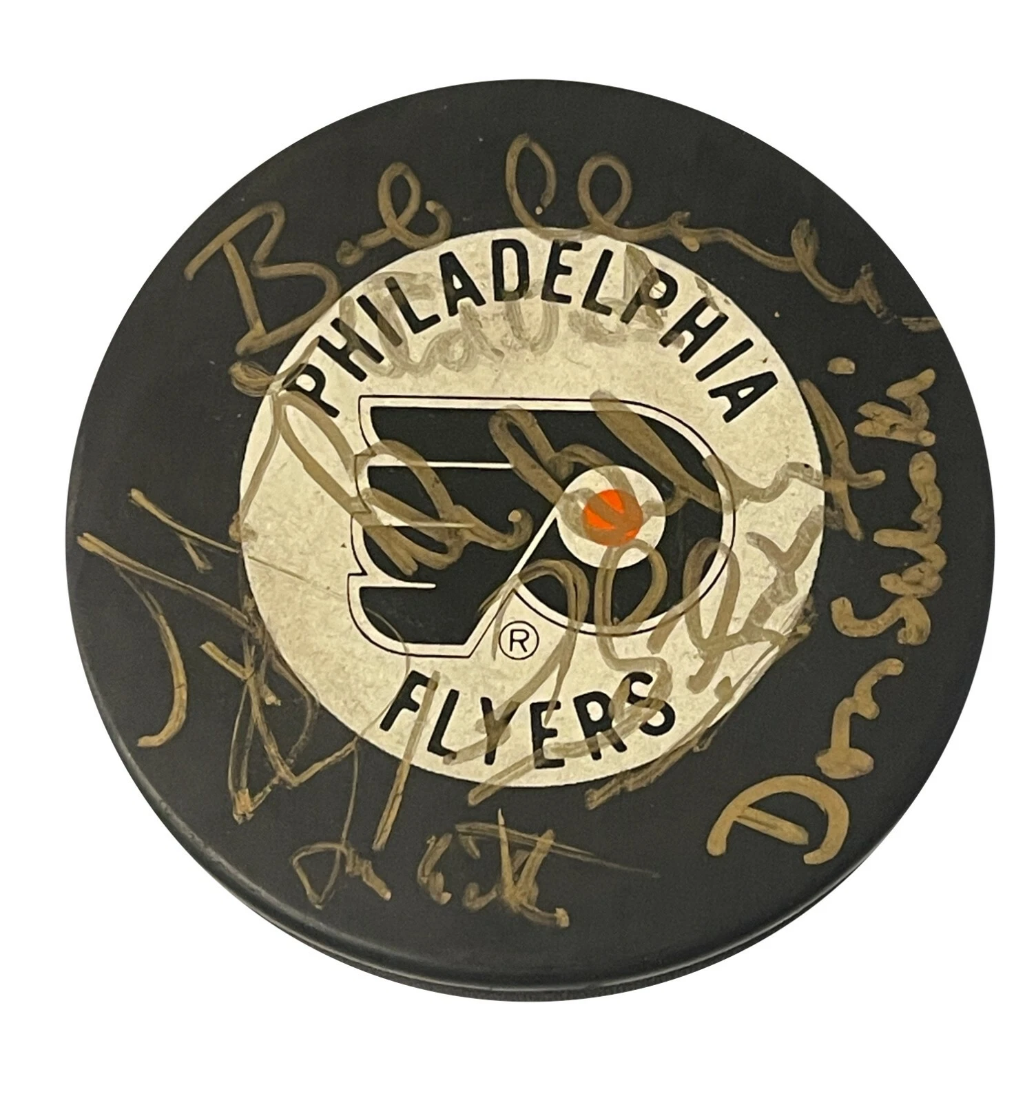Philadelpia Flyers Trench Puck Multi-Signed By 14 Legends and HOF'ers JSA COA
