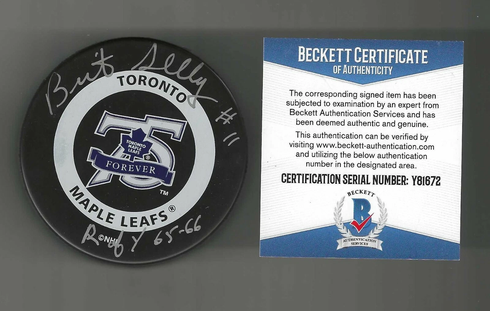 Brit Selby Signed Toronto Maple Leafs 75th Anniversary Game Puck Beckett COA
