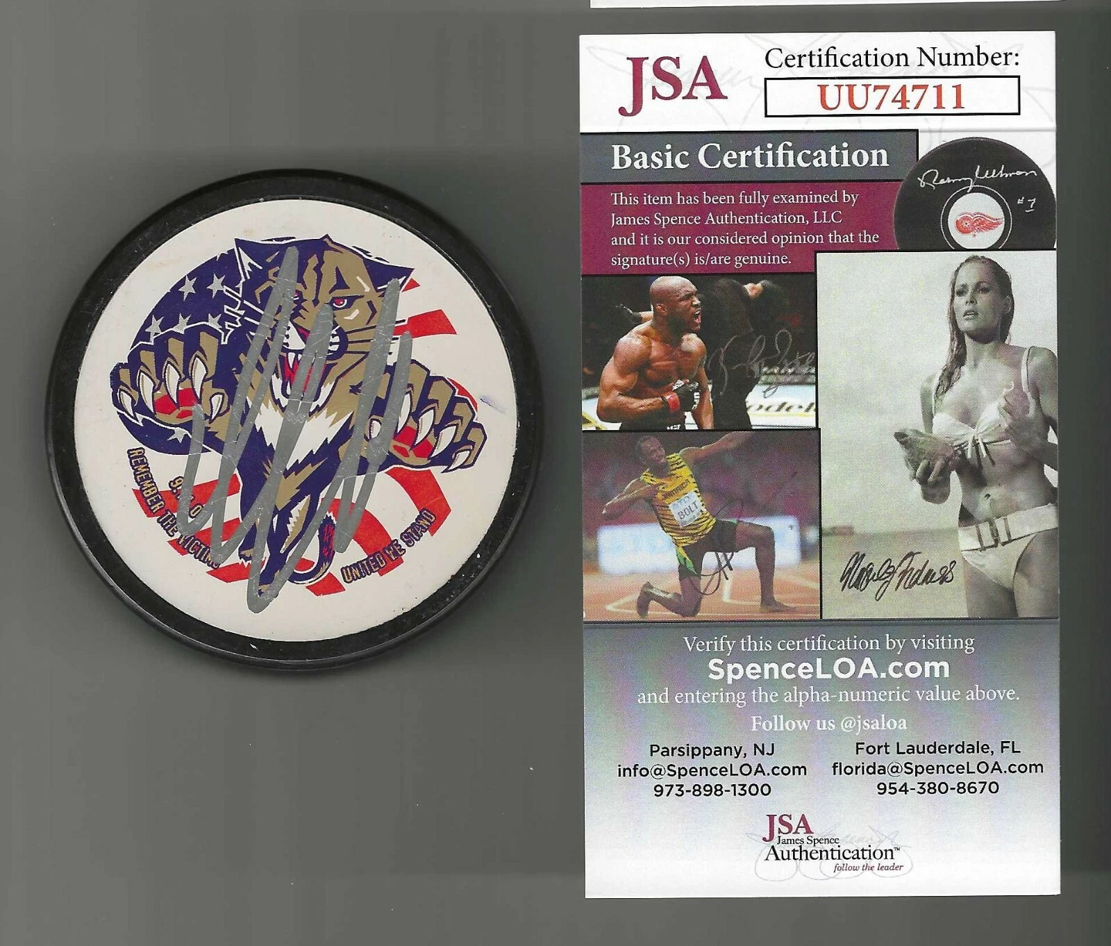 Aleksander Barkov Signed Florida Panthers USA Flag Souvenir Puck JSA COA
