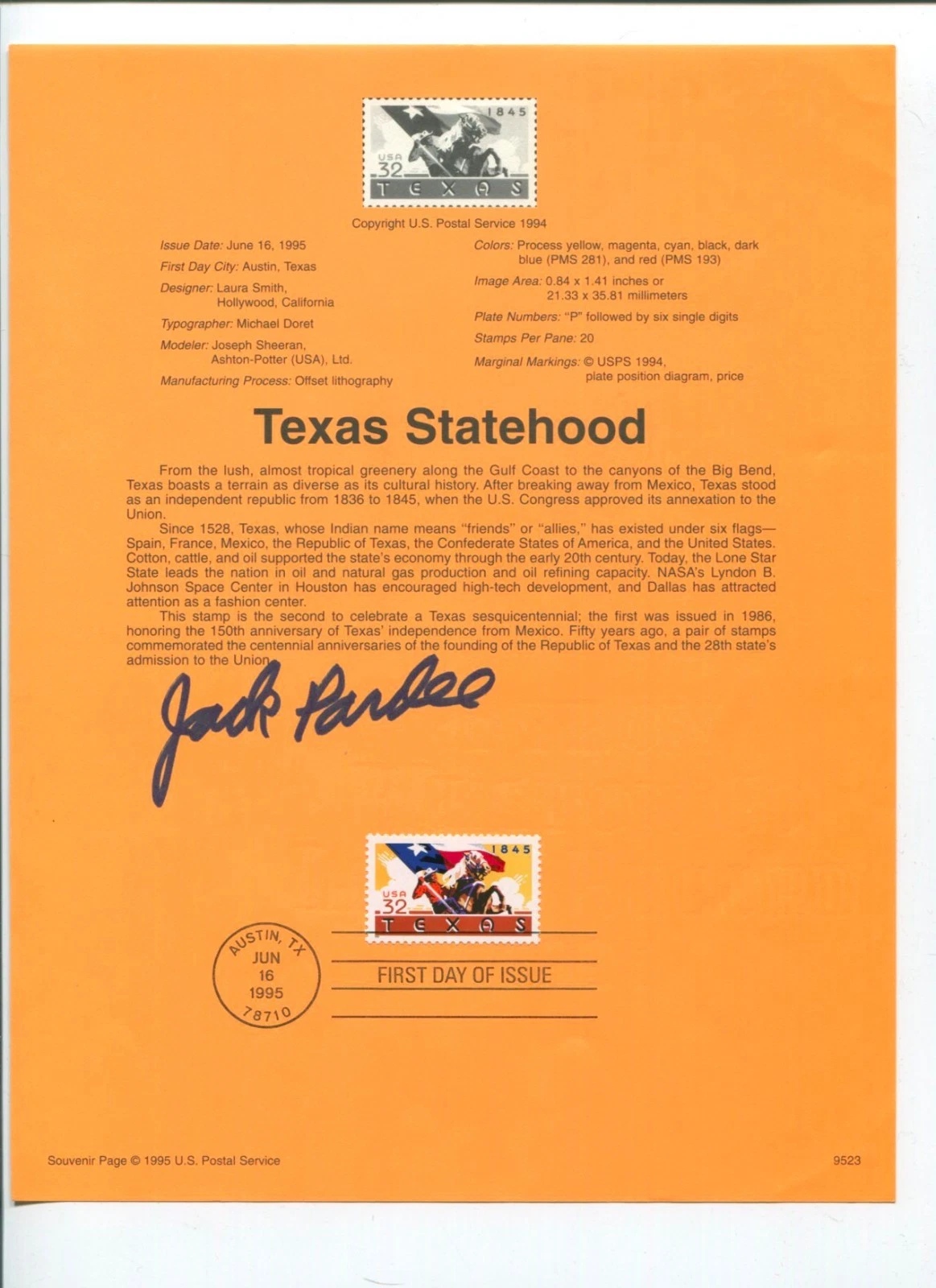 Jack Pardee Texas A&M Houston Cougars College HOF LA Rams Signed FDC Sheet
