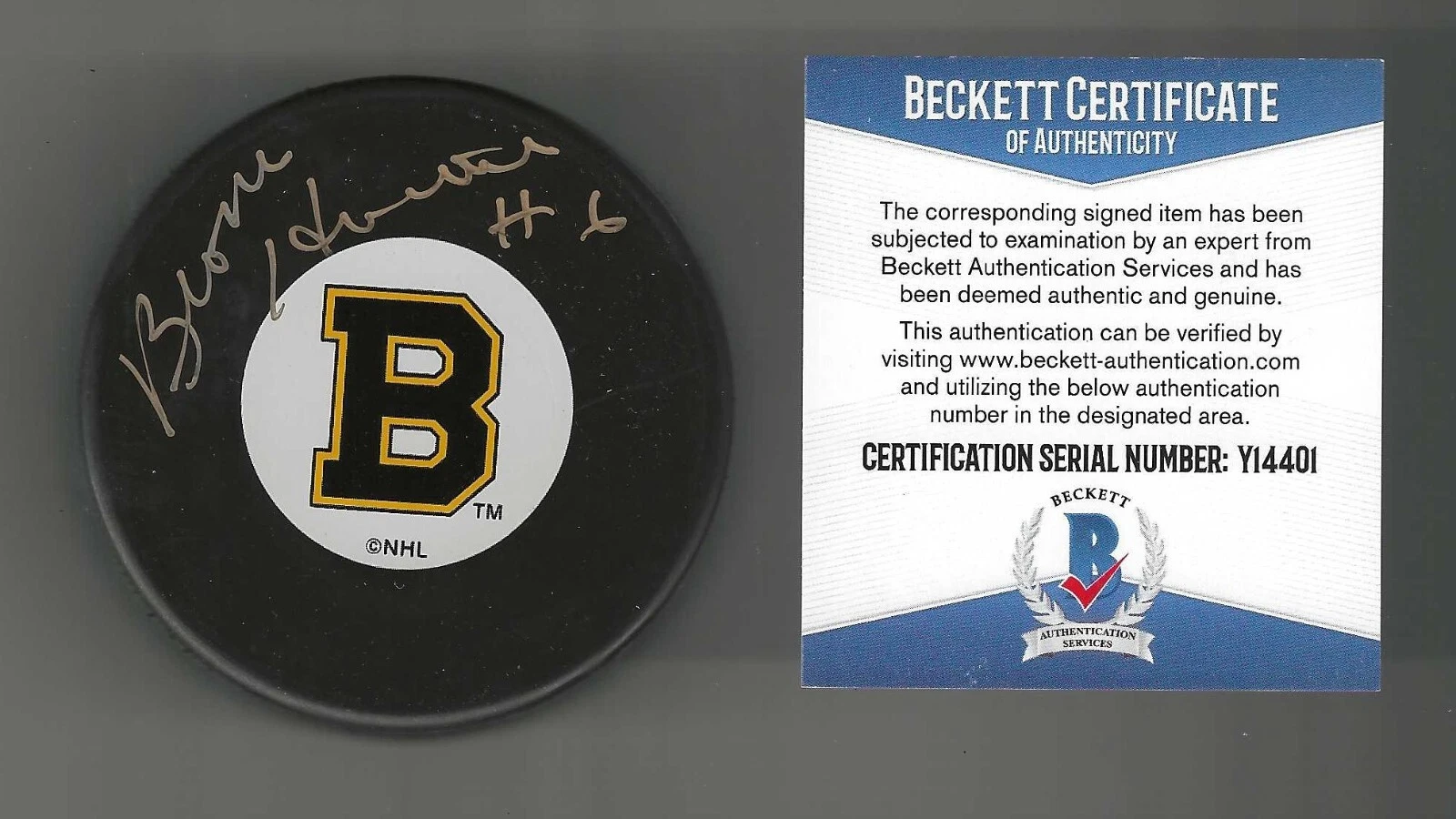 Bronco Horvath Signed Boston Bruins Puck Beckett COA
