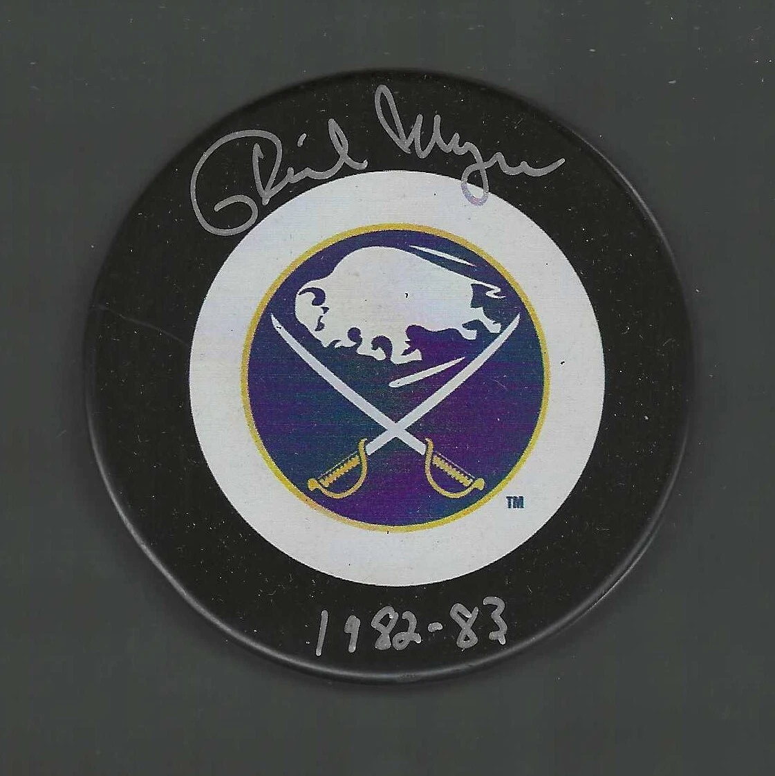 Phil Myre Signed & Inscribed Buffalo Sabres Vintage Logo Puck
