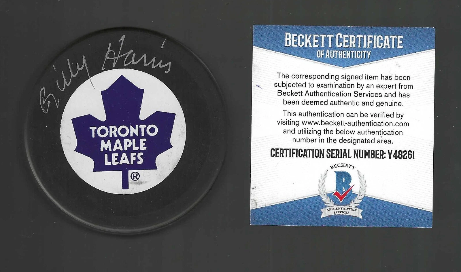 Billy Harris Signed Toronto Maple Leafs Trench Puck Beckett COA
