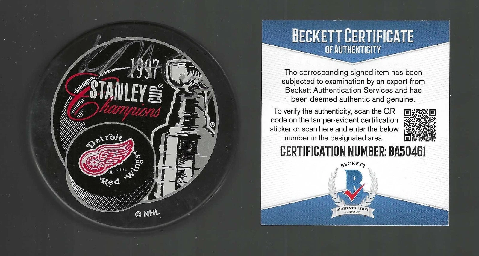Kevin Hodson Signed Detroit Red Wings 1997 Stanley Cup Champs Puck Beckett COA
