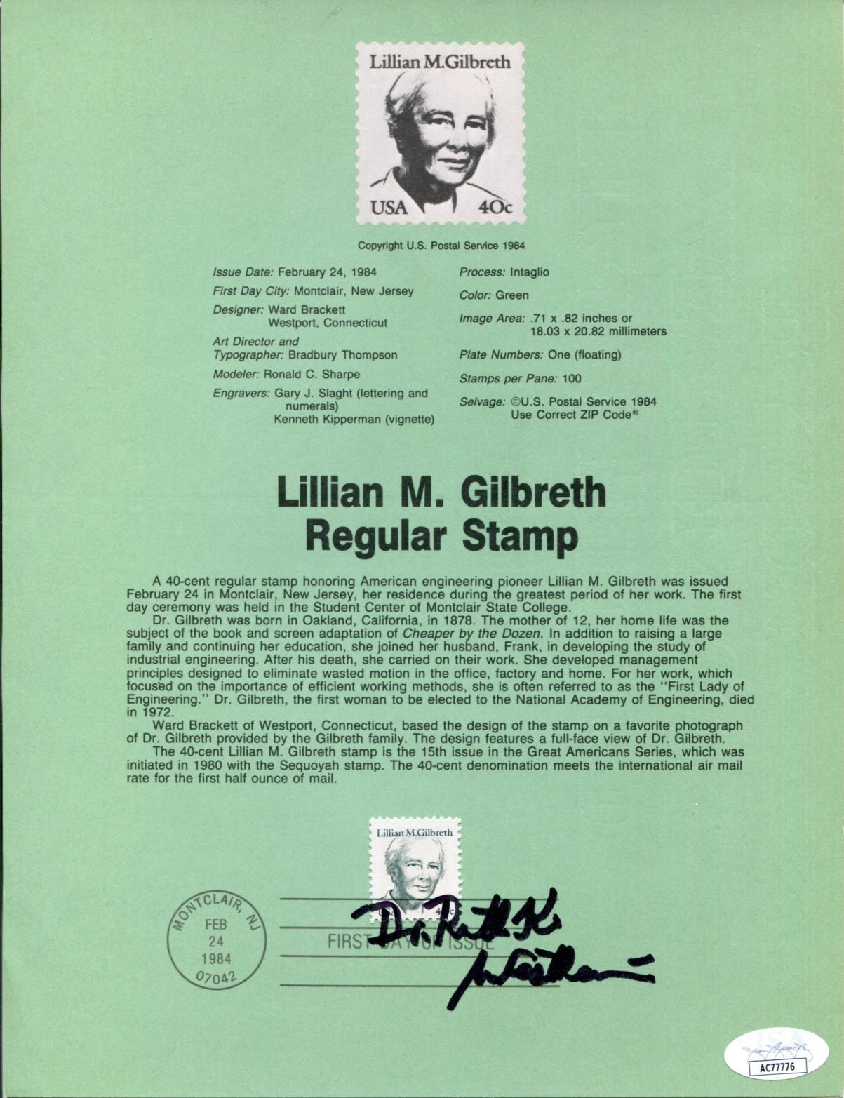 Dr. Ruth Westheimer Sex Therapist Author Rare Signed Autograph FDC Sheet JSA
