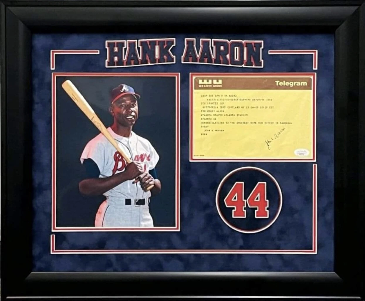 Hank Aaron Milwaukee Atlanta Braves Signed Autograph Telegram Photo Display JSA
