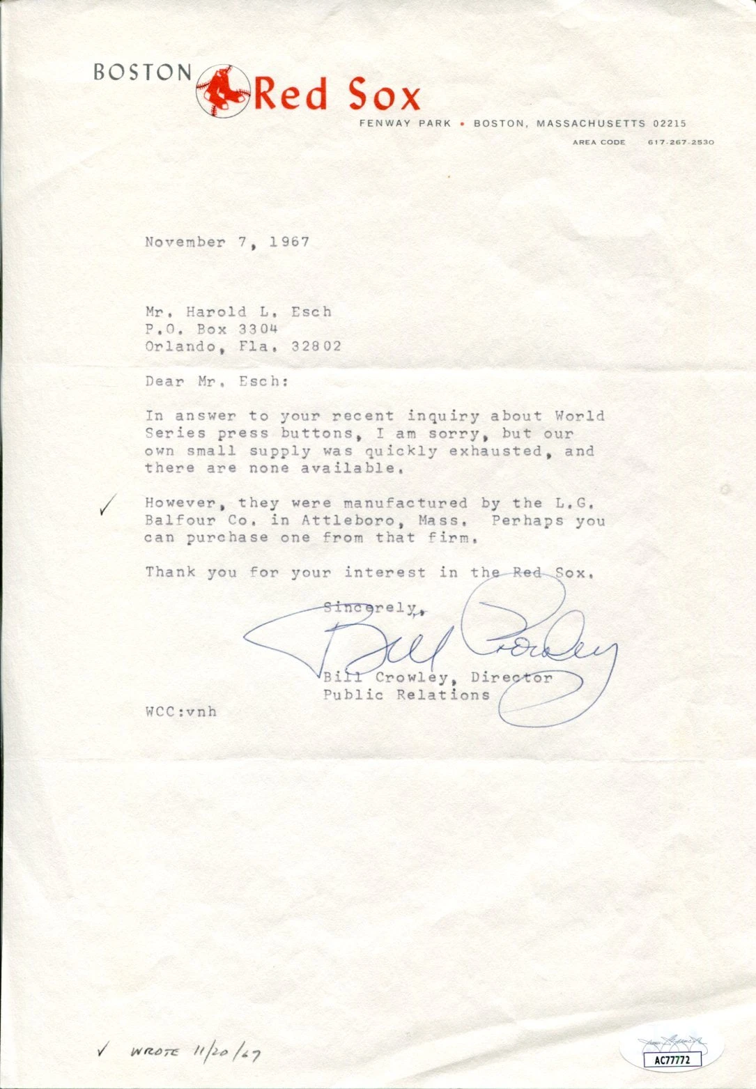 Bill Crowley Boston Red Sox NY New York Yankees Announcer Signed Autograph JSA
