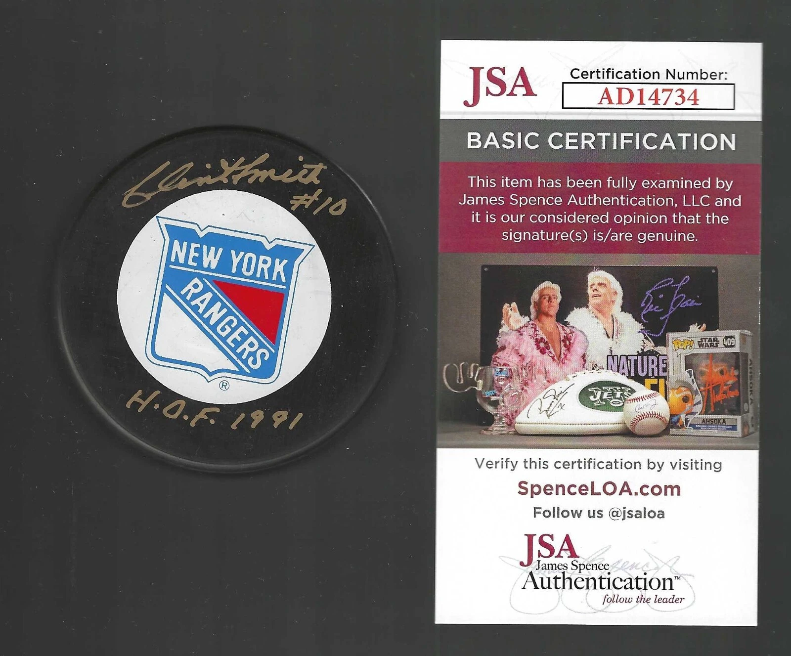 Clint Smith Signed & Inscribed New York Rangers Trench Puck JSA COA In Gold
