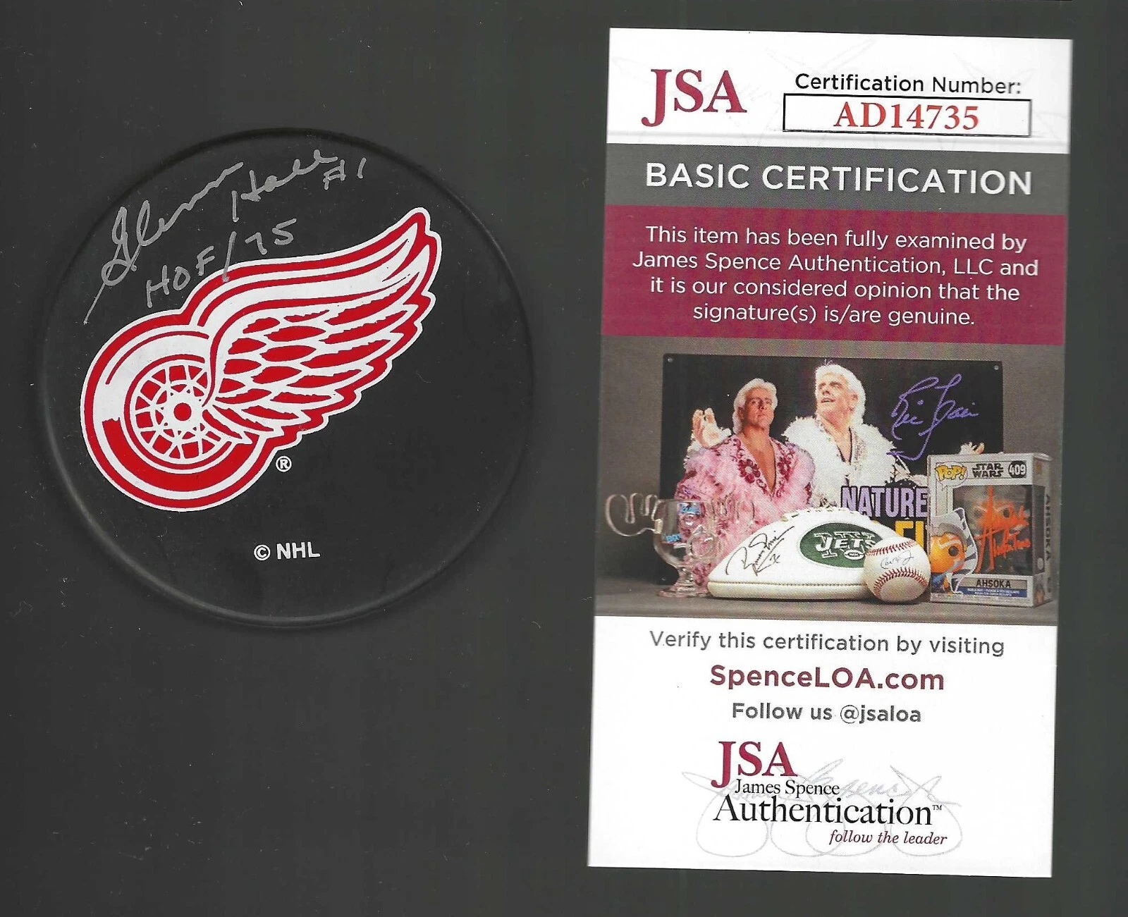 Glenn Hall Signed & Inscribed Detroit Red Wings Ravens Athletic Puck JSA COA
