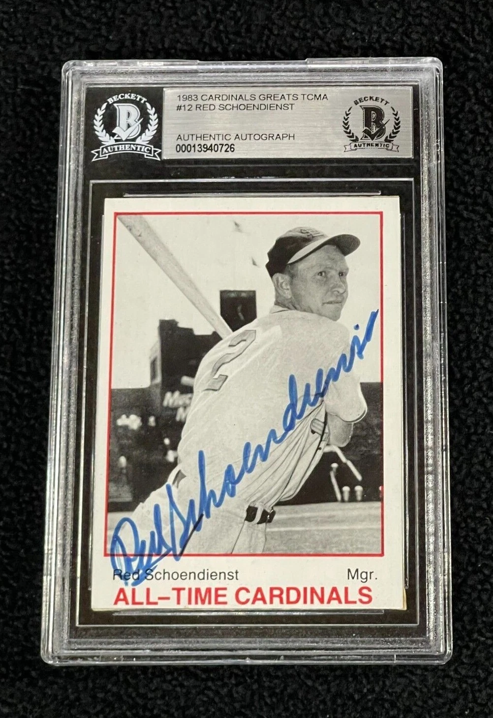 Red Schoendienst Signed 1983 Cardinals Greats TCMA Card #12 Beckett Certified
