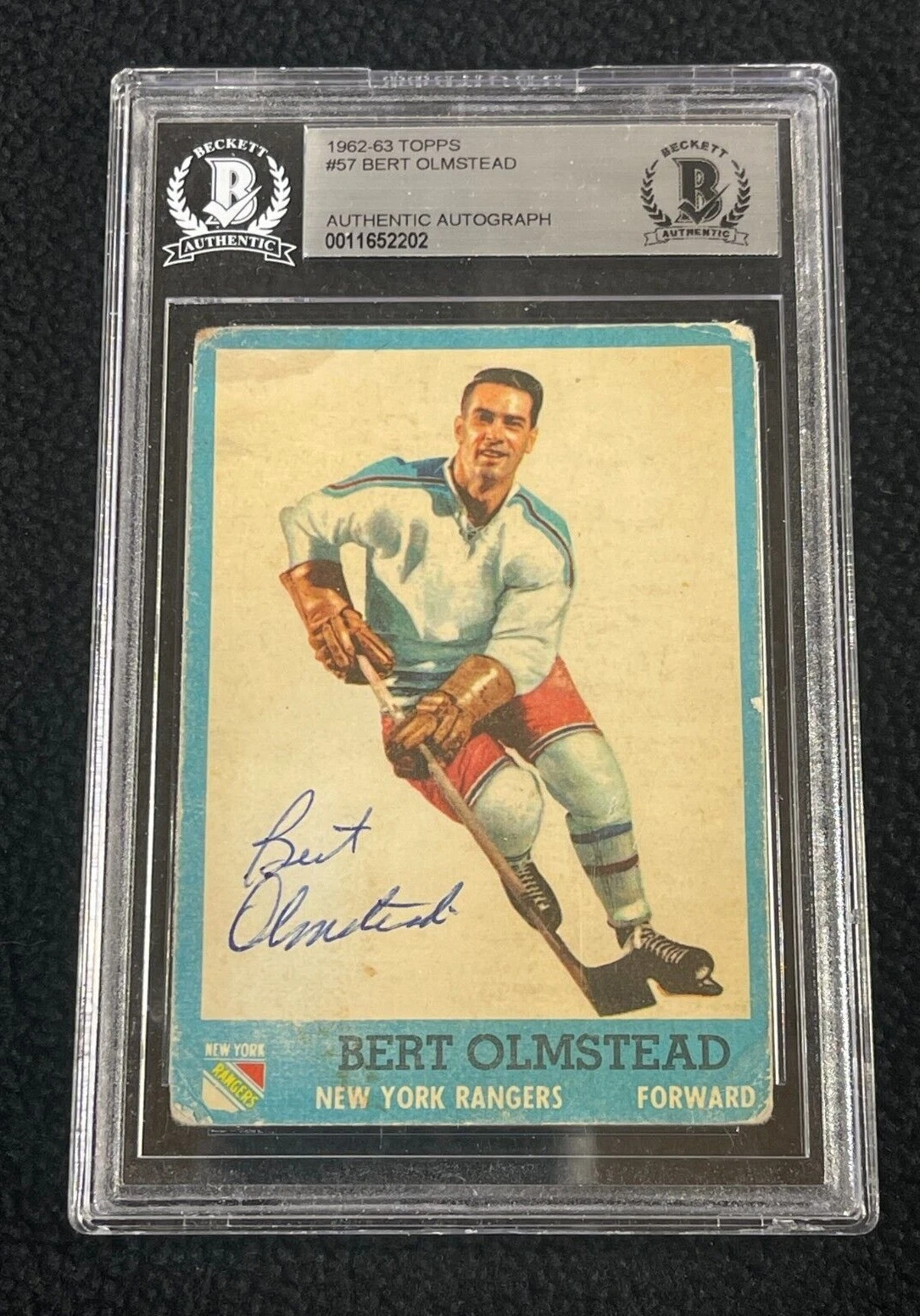Bert Olmstead Signed 1962/63 Topps Card #57 New York Rangers Beckett Certified

