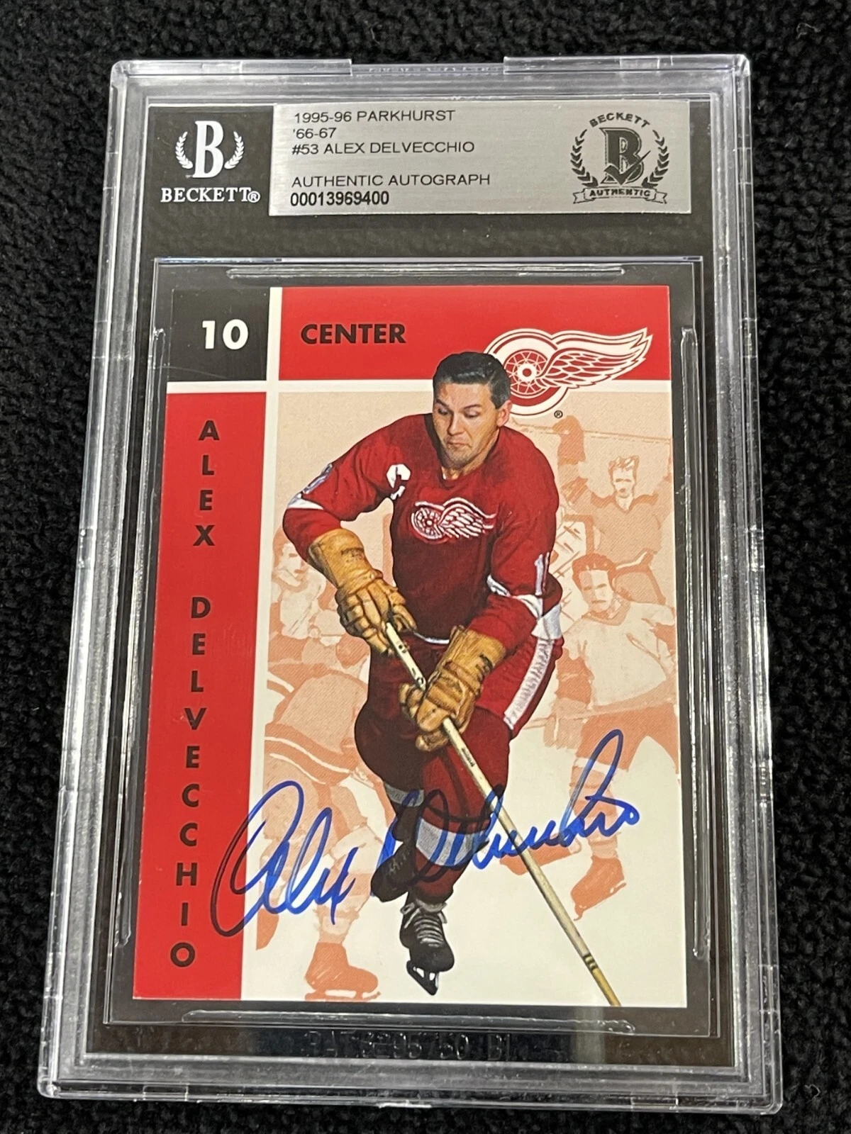 Alex Delvecchio Signed 19945/96 Parkhurst Card #53 Beckett Certified Red Wings
