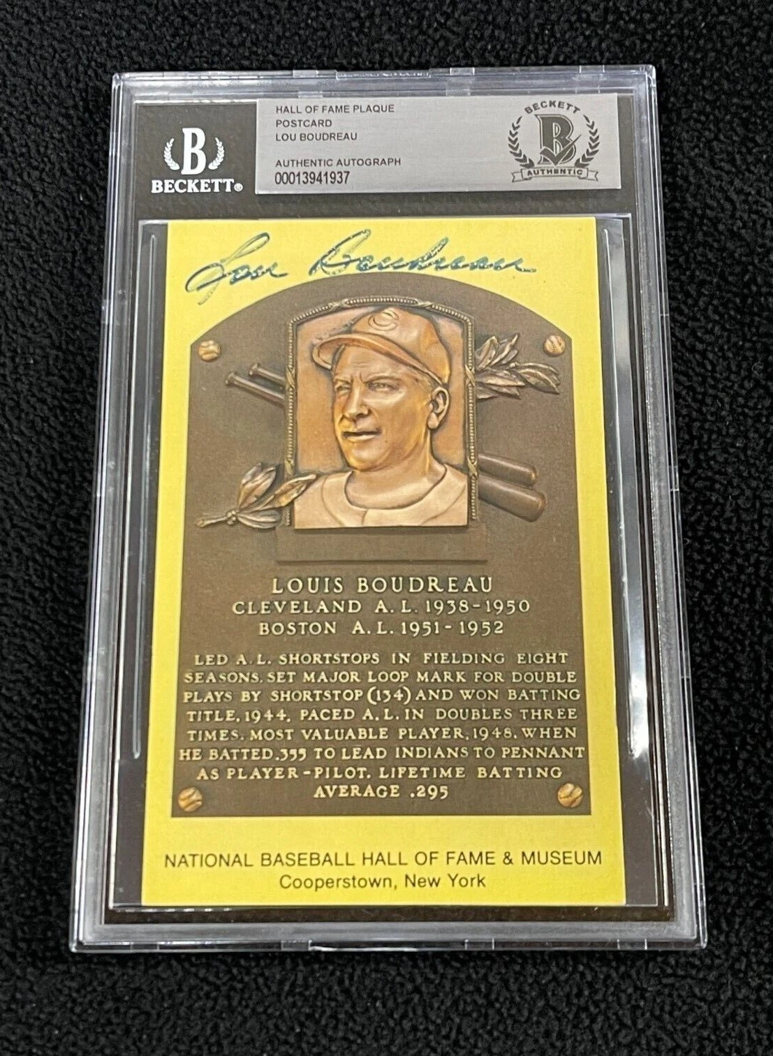 Lou Boudreau Signed Yellow Hall Of Fame Plaque Card Beckett Certified HOF
