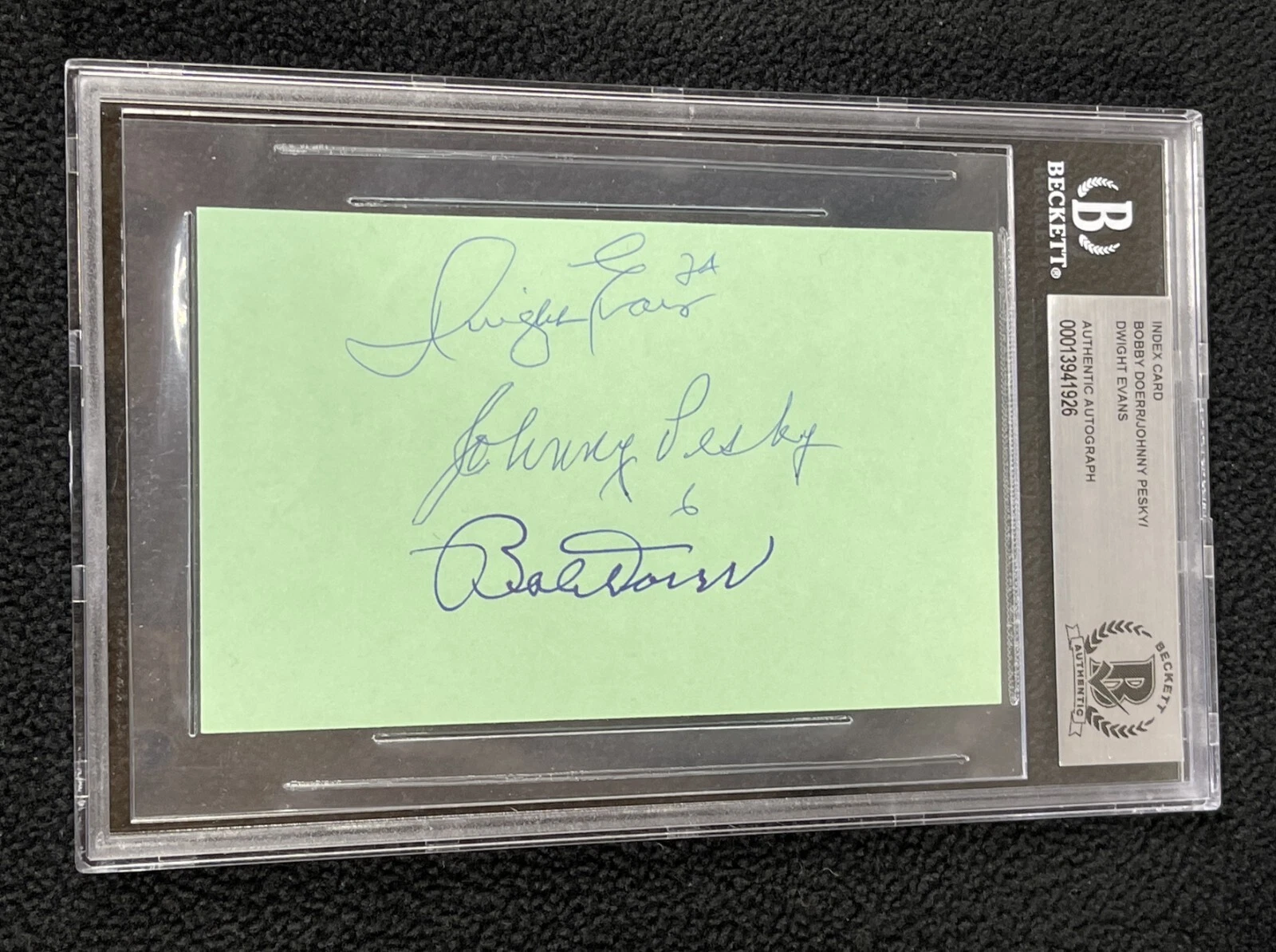 Bobby Doerr Johnny Peksy & Dwight Evans Signed Index Card Beckett Certified
