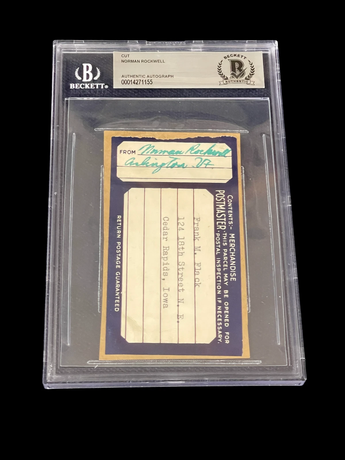 Norman Rockwell Americana Artist Painter Rare Signed Autograph BAS Beckett Slab
