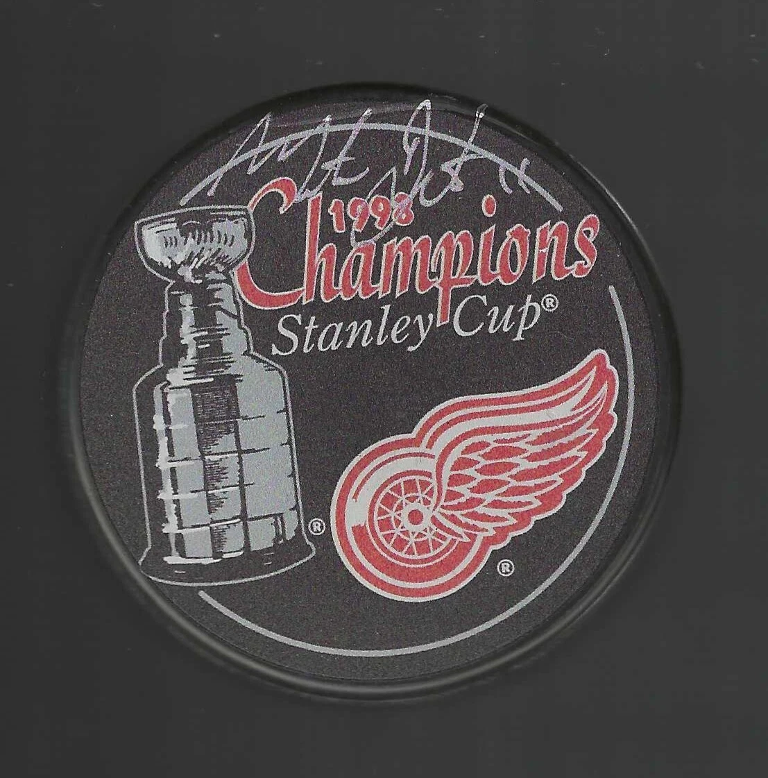 Mathieu Dandenault Signed Detroit Red Wings 1998 Stanley Cup Champions Puck
